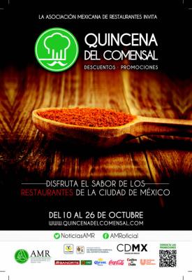 La Quincena del Comensal 2014 (01-05) 
Del 10 al 26 de octubre, mÃ¡s de 300 cadenas de restaurantes de la Ciudad de MÃ©xico, participan en la iniciativa realizada por la AsociaciÃ³n Mexicana de Restaurantes (AMR) "Quincena del Comensal 2014) , con mÃ¡s de 23 aÃ±os consolidÃ¡ndose.

Text & Photo by: YanÃ­n RamÃ­rez 
Keywords: quincena comensal asociacion mexicana restaurantes canirac