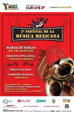 5 Festival de MÃºsica Mexicana (03-03)
En una de las mejores fiestas mexicanas, la quinta ediciÃ³n de este festival presenta en su cartel a grandes exponentes del gÃ©nero en la mÃºsica y la danza: el Mariachi Vargas de TecalitlÃ¡n, la Orquesta TÃ­pica de la Ciudad de MÃ©xico, el Grupo Yaaj Paax y la CompaÃ±Ã­a de Danza FolklÃ³rica Tshumalli, como cierre con broche de oro del mes patrio. Las dos primeras, agrupaciones musicales de reconocimiento internacional, incluso â€œLa TÃ­picaâ€ como se le conoce a la Orquesta cuenta con el nombramiento de Patrimonio Cultural Intangible de la capital del paÃ­s por su riqueza y labor de mÃ¡s de 120 aÃ±os. Mientras que el grupo Yaaj Paax y miembros de Tshumalli se perfilan ya como de tradiciÃ³n en la cultura folclÃ³rica del paÃ­s. 
Keywords: quinto festival musica mexicana mariachi vargas tecalitlan jalisco teatro ciudad esperanza iris