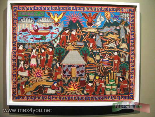 Magia Huichol, Rito Aborigen / Huichol Magic, Aboriginal Ritual  MAP Museum (04-06)
Las Obras Maestras de arte Huichol tiene un sentido ritual y utilitario, donde la cosmogonÃ¬a de los Huicholes o Wixaritari sitÃ¹a al hombre en harmonÃ¬a con los dioses para mantener un Ã²rden cÃ²smico. Tanto en la vestimenta como en los adornos elaborados de chaquira de hace 40 aÃ±os eran verdaderos codices que plasmaban la simbologÃ¬a religiosa del mundo Huichol. FuÃ¨ hasta la dÃ¨cada de los 70's cuando los Wixitari comenzaron a crear un arte nuevo, ya no utilitario ni ritual, pero si basado en el mundo simbÃ²lico y sus objetos rituales.  

Masterpieces of art Huichol ritual has a meaning and utility, where the cosmology of the Huichol Wixaritari and places man in harmony with the gods for a cosmic order.
Keywords: magia huichol rito aborigen australia map museo arte popular art museum
