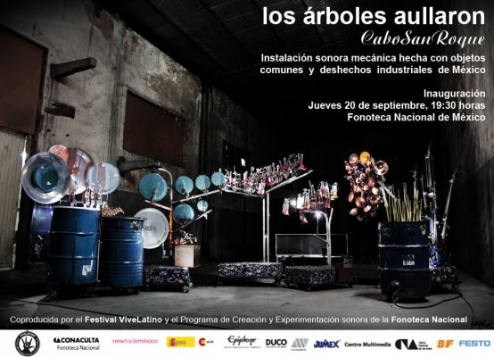 ExposiciÃ³n del Colectivo CaboSanRoque (06-06)
Completan la instalaciÃ³n el â€œÃrbol de slide guitarsâ€, integrada por guitarras elÃ©ctricas, caballitos para tequila y un fragmento del tumbling.
 
 La instalaciÃ³n sonora mecÃ¡nica-automÃ¡tica, que serÃ¡ exhibida en la Fonoteca Nacional, serÃ¡ llevada tambiÃ©n al Festival Vive Latino 2013, donde se presentarÃ¡ en formato de concierto con los mÃºsicos de CaboSanRoque e invitados con un repertorio mÃ¡s centrado en la electricidad y el Rock


Text by: YanÃ­n RamÃ­rez
Keywords: Colectivo CaboSanRoque Vivo Latino Fonoteca Nacional Ocesa InstalaciÃ³n MecÃ¡nica-automÃ¡tica sonora